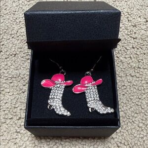 Source Unknown Pink & Silver Cowboy Boot Hat Rhinestone Drop Earrings